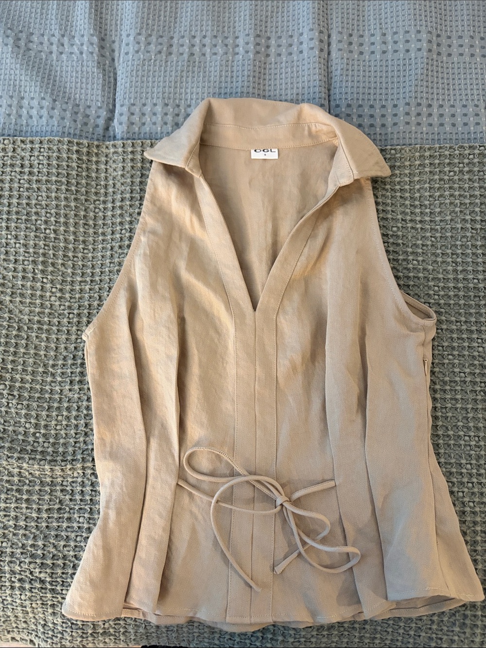 OGL Beige Linen-Cotton Collared Tank Top with Waist Tie